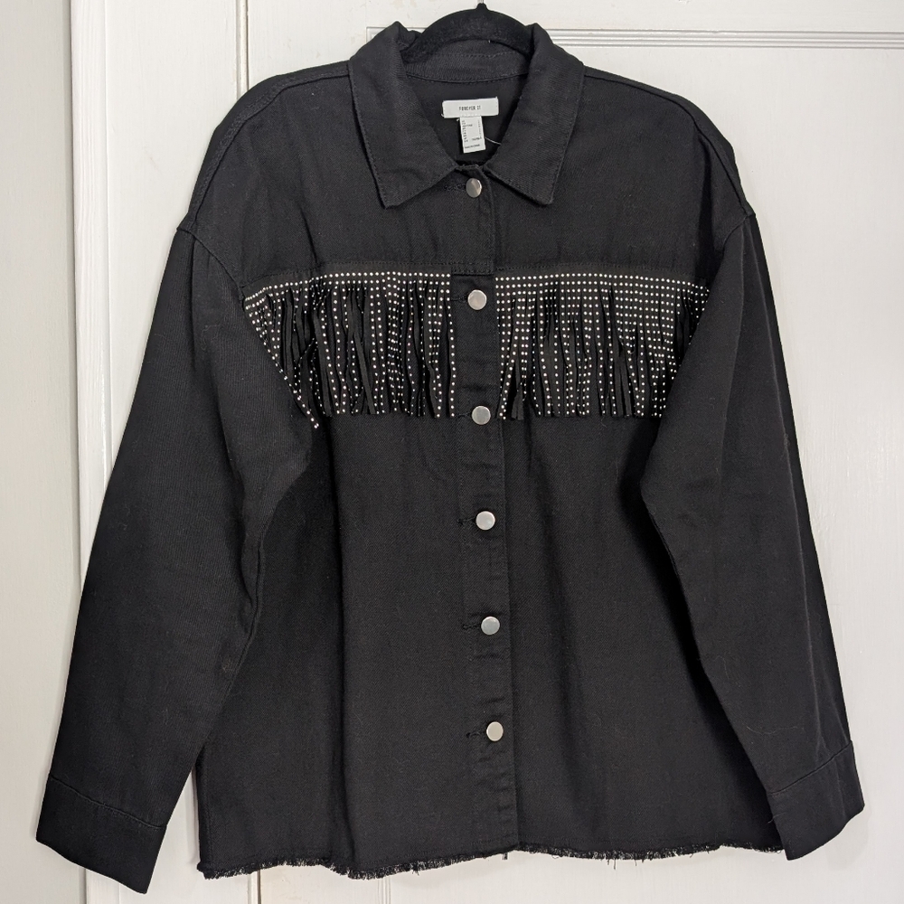 Forever 21 Black Rhinestone Fringe Shacket Jacket Snap Front L